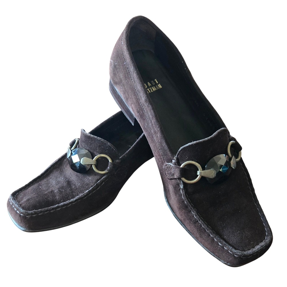 Stuart Weitzman Chic Hardrock Brown Suede Gemstone Loafers Size 7M Square Toe